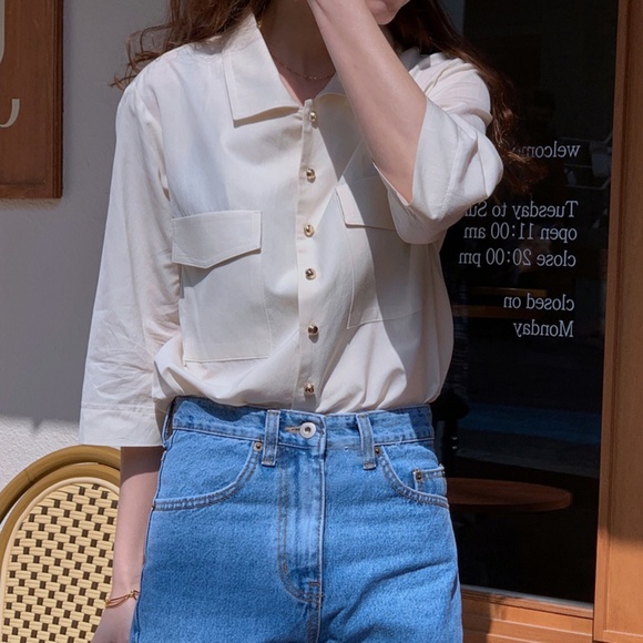 Women's Simple Temperament Retro Gold Button French Mid-sleeve Shirt - Picture 1 of 6